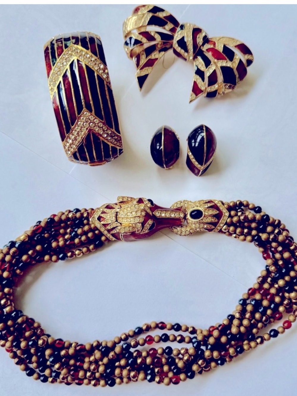 Ciner Gold-Tone Multi-Strand Beaded Necklace  bracelet earrings pin Red & Black
